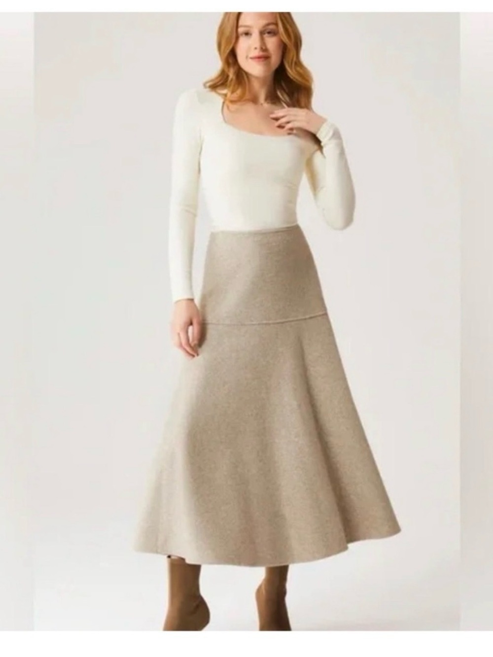 OGL CashSoft Oatmeal Flared Maxi Skirt L Wool Like Knit Minimalist Quiet Luxury - Picture 2 of 12